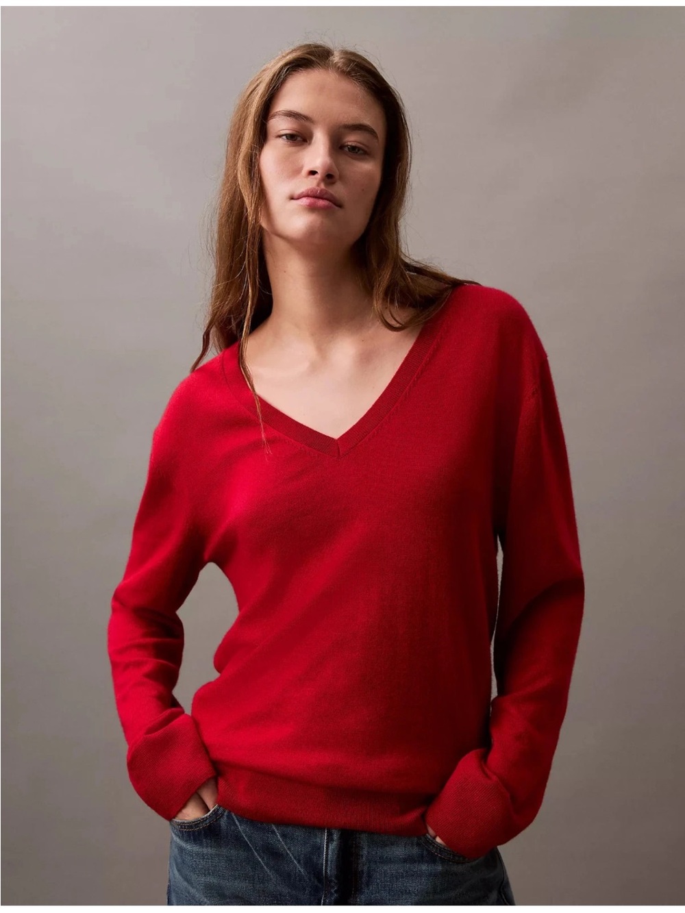 Calvin Klein Women's V-Neck Sweater in Red